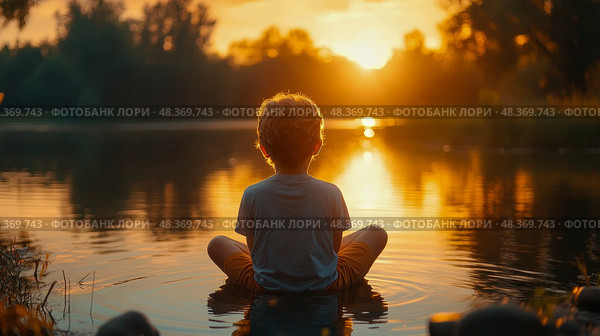 A young boy sits quietly in shallow water, gazing at the sunset reflecting on the lake, surrounded by trees and natural beauty. Стоковое AI-изображение, AI-художник Данила Большаков / Фотобанк Лори