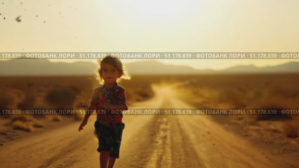 A young child explores a dusty road surrounded by vast desert as the sun sets, creating a beautiful, warm glow in the background. Стоковое AI-видео, аниматор Данила Большаков / Фотобанк Лори