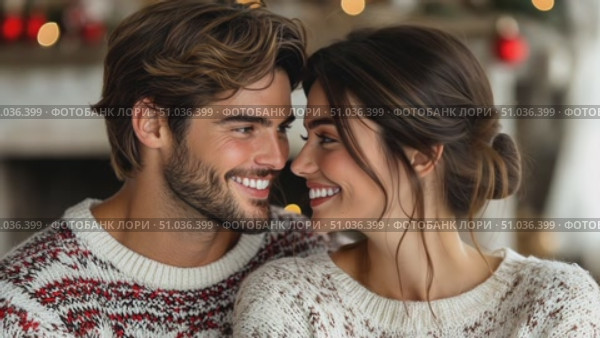 A young couple enjoys each other's company while wearing warm sweaters, surrounded by a festive atmosphere filled with holiday cheer. Стоковое AI-видео, аниматор Данила Большаков / Фотобанк Лори