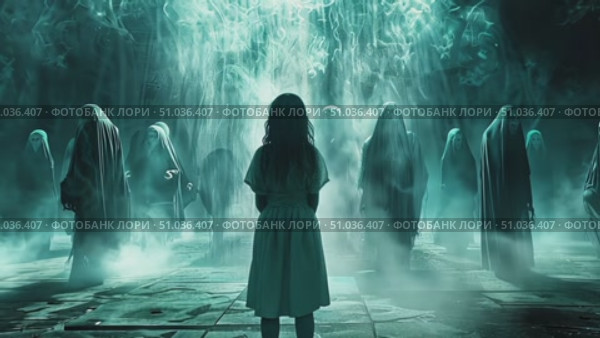 A young girl faces shadowy figures in a dark, fog-laden space, illuminated by ghostly lights, creating an unsettling atmosphere. Стоковое AI-видео, аниматор Данила Большаков / Фотобанк Лори