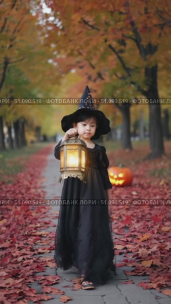 A young girl in a black witch costume holds a lantern while walking on a leaf-covered path. Jack-o'-lanterns are visible in the background among autumn trees. Стоковое AI-видео, аниматор Nart / Фотобанк Лори