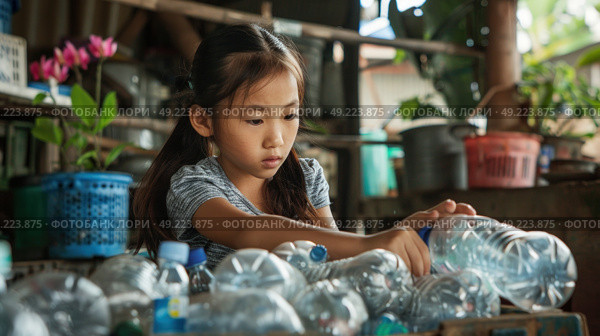 A young girl is seated at a table piled with numerous water bottles. Стоковое AI-изображение, AI-художник Данила Большаков / Фотобанк Лори