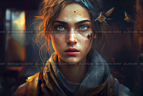 A young girl with a serious and determined expression on her face, her eyes full of determination and strength. She is dressed in tattered clothing that appears to be a uniform or protective gear, and her face and clothing are stained with dirt and dust. Decorative elements are visible in her hair, and small birds fly nearby, creating a contrast between the severity of her appearance and the tenderness of nature. The background is dark, but warm rays of light shine through the shadows, adding drama and depth to the scene. Стоковое AI-изображение, AI-художник Анна Кривицкая / Фотобанк Лори