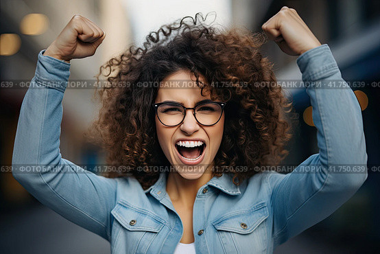 A young girl with curly hair rejoices in luck with her fists raised up. Generated by AI. Стоковое AI-изображение, AI-художник Ярославский Максим / Фотобанк Лори