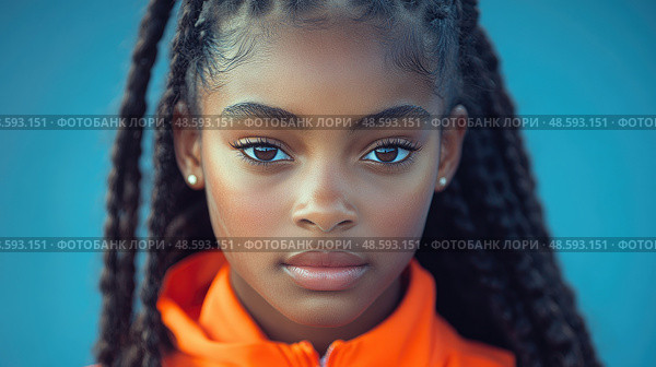A young girl with intricate braids showcases her determination while wearing an orange jacket, framed by a vibrant blue backdrop. Стоковое AI-изображение, AI-художник Данила Большаков / Фотобанк Лори