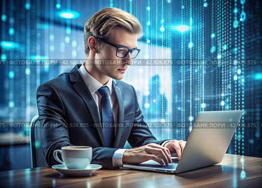 A young man in a suit is working on a laptop in an office with digital codes on a virtual screen. Digital technologies of the future. Software development. Стоковое AI-изображение, AI-художник Photojuli / Фотобанк Лори