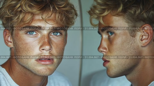 A young man with captivating blue eyes and curly blonde hair displays charm and confidence, highlighting his unique features and natural allure. Стоковое AI-видео, аниматор Данила Большаков / Фотобанк Лори