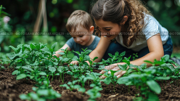 A young mother and her son joyfully tend to newly planted herbs in their thriving garden, enjoying quality time outdoors. Стоковое AI-изображение, AI-художник Данила Большаков / Фотобанк Лори