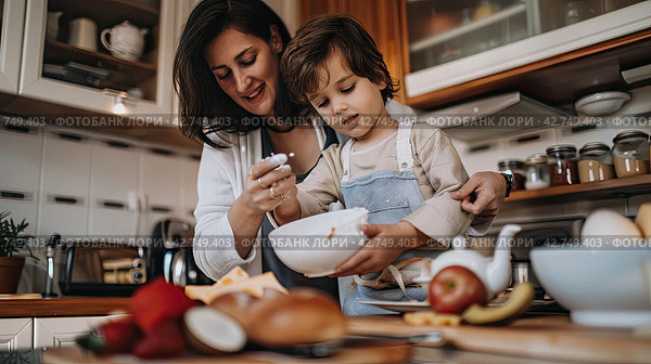 A young mother shows her little daughter how to make pie dough in the kitchen. The continuity of traditions in generations. Стоковое AI-изображение, AI-художник Ярославский Максим / Фотобанк Лори