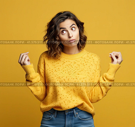A young, pensive, insecure, rather attractive European girl of 20 years in a yellow casual blouse, spreads her hands questioningly, looking away. Created by AI. Стоковое AI-изображение, AI-художник Ярославский Максим / Фотобанк Лори