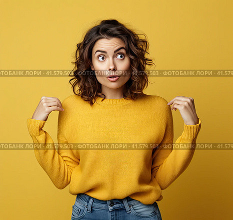 A young, pretty, attractive and thoughtful European girl of 20 years old in a gray casual T-shirt, arms spread apart, isolated on a uniform yellow background. Created by AI. Стоковое AI-изображение, AI-художник Ярославский Максим / Фотобанк Лори