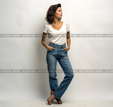 A young smiling confident pretty attractive European girl of 20 years old in a gray casual T-shirt, looking away, isolated on a white background Created by AI. Стоковое AI-изображение, AI-художник Ярославский Максим / Фотобанк Лори