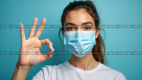 A young woman demonstrates an okay gesture while wearing a light blue mask. The bright blue background highlights her expression of positivity and adherence to health guidelines during the pandemic. Стоковое AI-изображение, AI-художник Sergey Grishin / Фотобанк Лори