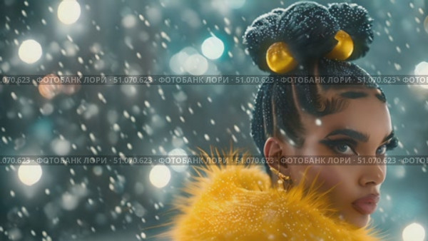 A young woman in a bright yellow fur coat walks through a winter night with snow falling around her. Стоковое AI-видео, аниматор Данила Большаков / Фотобанк Лори