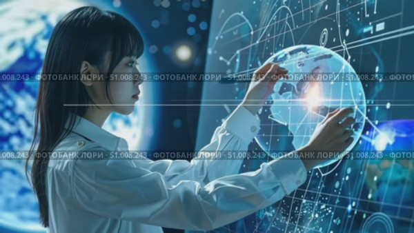 A young woman intently sketches celestial objects on a digital projection of the night sky, surrounded by stars and a glowing Earth backdrop. Стоковое AI-видео, аниматор Данила Большаков / Фотобанк Лори