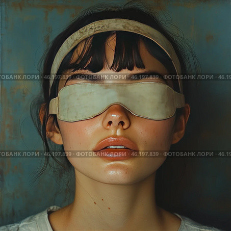 A young woman with black hair and thick bangs, her eyes are covered with a bandage made of rough fabric that looks old and worn. The bandage is tied around her head, secured with a ribbon. The girl's skin is fair, with freckles, her lips are slightly parted. The lighting is soft, emphasizing the texture of the skin and its natural shine. The background is aged, blue-green with scuffs, creating an atmosphere of mystery and melancholy. The image is made in an artistic style reminiscent of classical painting with elements of retro aesthetics. Стоковое AI-изображение, AI-художник Анна Кривицкая / Фотобанк Лори