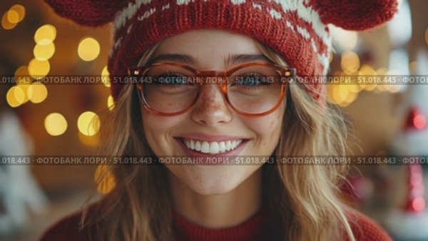 A young woman with glasses beams joyfully while wearing a festive hat and sweater, surrounded by warm holiday lights in a cheerful atmosphere. Стоковое AI-видео, аниматор Данила Большаков / Фотобанк Лори
