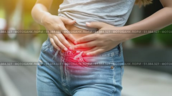 A young woman with long brown hair holds her stomach in discomfort. She wears a gray shirt and blue jeans, standing on a city street during the day. Стоковое AI-видео, аниматор Nart / Фотобанк Лори
