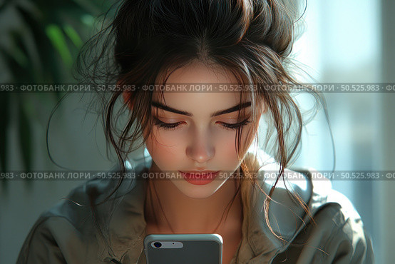 A young woman with natural beauty and expressive features looks intently at the screen of her smartphone. Her face is illuminated by soft daylight, creating an atmosphere of coziness and silence. Her hair is casually gathered in a bun, individual strands freely frame her face. She is wearing casual clothes in neutral tones. The image embodies modernity, concentration and digital reality. Suitable for topics related to technology, communication, mobile devices and youth life. Стоковое AI-изображение, AI-художник Анна Кривицкая / Фотобанк Лори