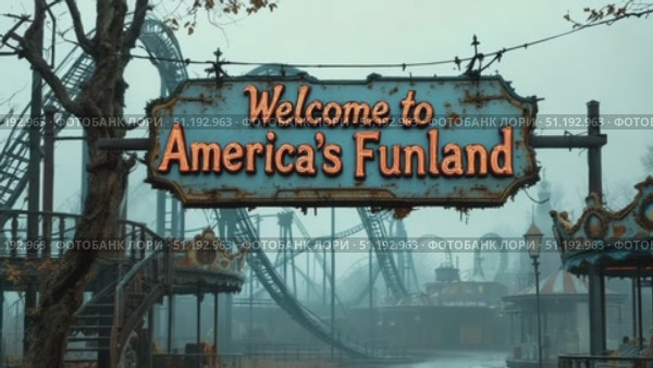 Abandoned amusement park entrance sign with vintage design and eerie atmosphere in fog. Стоковое AI-видео, аниматор Данил Руденко / Фотобанк Лори