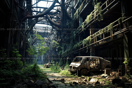 Abandoned industrial complex overrun by nature. Стоковое AI-изображение, AI-художник Иван Рябоконь / Фотобанк Лори
