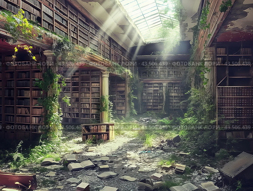 Abandoned Library Overgrown with Nature. Стоковое AI-изображение, AI-художник Кирилл Черезов / Фотобанк Лори