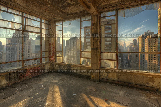Abandoned urban apartment with cityscape view. Стоковое AI-изображение, AI-художник Иван Рябоконь / Фотобанк Лори