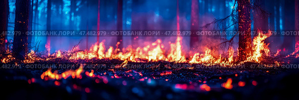 Ablaze woodland: Fire disaster sweeps across a nocturnal forest floor, engulfing trees in a spectral blue glow and orange inferno, creating an apocalyptic scene. Стоковое AI-изображение, AI-художник Данила Большаков / Фотобанк Лори