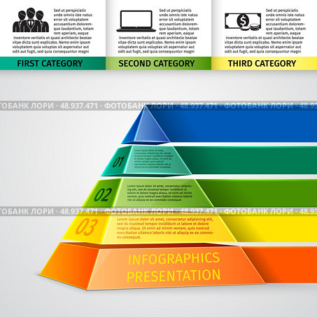 Abstract 3d pyramid infographics design template with title categories and progress options vector illustration. Стоковая иллюстрация, агентство Ingram Publishing / Фотобанк Лори