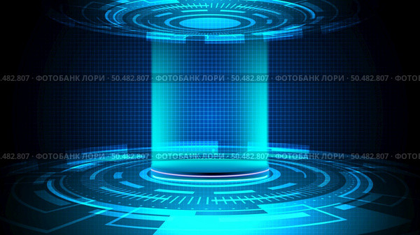 Abstract 3D realistic technology digital cyberpunk podium display neon lighting circle portal tunnel with HUD geometric elements on dark blue grid background. You can use for show product tech, game design future, etc. Vector illustration. Стоковая иллюстрация, агентство Ingram Publishing / Фотобанк Лори