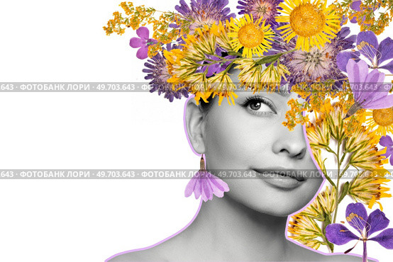 Abstract art collage of a young beautiful woman with flowers on her head. Conceptual fashion art design in a modern style. Стоковое фото, агентство Ingram Publishing / Фотобанк Лори