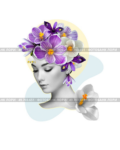 Abstract art collage of a young beautiful woman with flowers on her head. Conceptual fashion art design in a modern style. Стоковое фото, агентство Ingram Publishing / Фотобанк Лори