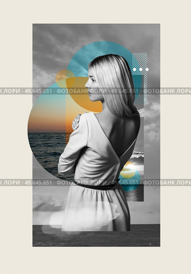 Abstract art collage of young woman in white dress on a background sea. Conceptual fashion art design in a modern style. Стоковое фото, агентство Ingram Publishing / Фотобанк Лори