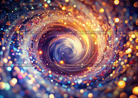 Abstract background. A bright colorful swirl of sequins and bokeh, reminiscent of a galaxy in deep space. Стоковое AI-изображение, AI-художник Photojuli / Фотобанк Лори