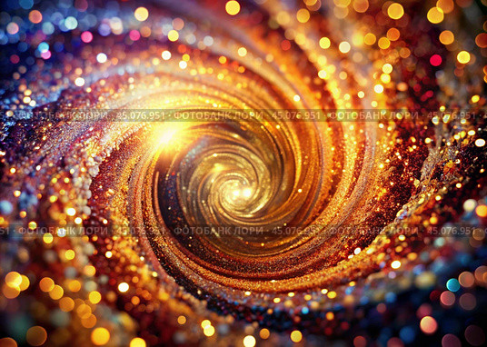 Abstract background. A bright colorful swirl of sequins and bokeh, reminiscent of a galaxy in deep space. Стоковое AI-изображение, AI-художник Photojuli / Фотобанк Лори