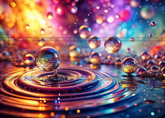 Abstract background. A bright colorful whirlpool of multicolored paints, splash, splash. Bubbles and drops of water. Стоковое AI-изображение, AI-художник Photojuli / Фотобанк Лори