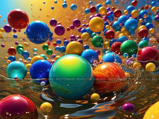 Abstract background with balls splashing in water. Стоковое AI-изображение, AI-художник Ульянов Александр / Фотобанк Лори