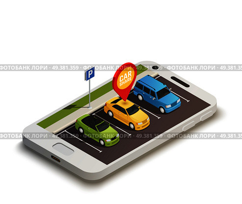 Abstract design concept on carsharing theme with car station located on smartphone screen and car shared pin  isometric vector illustration. Car Sharing Abstract Design Concept . Стоковая иллюстрация, агентство Ingram Publishing / Фотобанк Лори
