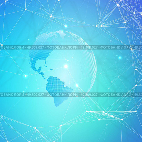 Abstract futuristic background with connecting lines and dots, polygonal linear texture. World globe on blue. Global network connections, geometric design, technology digital concept.. Abstract futuristic background with connecting lines and dots, polygonal linear texture. World globe on blue. Global network connections, geometric design, technology digital concept. Стоковая иллюстрация, агентство Ingram Publishing / Фотобанк Лори