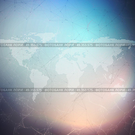 Abstract futuristic background with connecting lines and dots, polygonal linear texture. World map. Global network connections, geometric design, technology digital concept.. Abstract futuristic background with connecting lines and dots, polygonal linear texture. World map. Global network connections, geometric design, technology digital concept. Стоковая иллюстрация, агентство Ingram Publishing / Фотобанк Лори