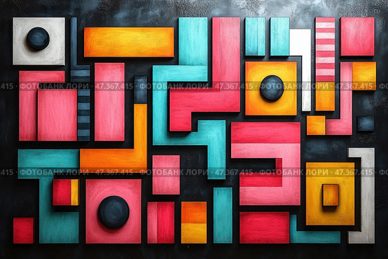 Abstract geometric composition in the style of modernism. The work is made in the form of a relief panel with bright saturated colors: pink, turquoise, yellow, black and white. The predominant shapes are rectangles, squares, circles and figures reminiscent of parts from a construction set or Tetris. The elements are located on a black background and create a visual rhythm, a play of shadow and volume, thanks to which each fragment looks three-dimensional.The composition conveys energy, dynamics and order, while maintaining an element of play and visual experimentation. This can be either a decorative wall work or a conceptual work of art. Стоковое AI-изображение, AI-художник Анна Кривицкая / Фотобанк Лори