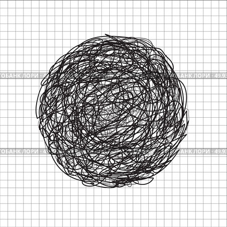 Abstract hand drawn scrawl sketch black color circle tangle, scribble, doodle on grid white background. Vector illustration. Стоковая иллюстрация, агентство Ingram Publishing / Фотобанк Лори