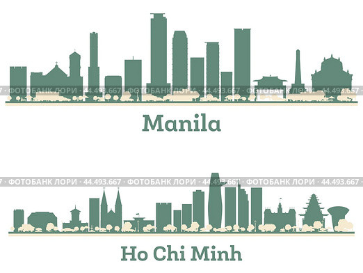 Abstract Ho Chi Minh Vietnam and Manila Philippines City Skyline set with Color Buildings. Illustration. Business Travel and Tourism Concept with Modern Architecture. Стоковая иллюстрация, иллюстратор Игорь Сорокин / Фотобанк Лори