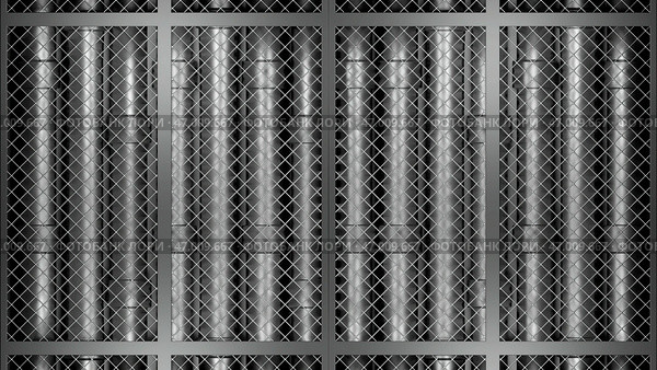 Abstract industrial background with silver tubes behind the fence. Стоковая иллюстрация, иллюстратор David Kashakhi / Фотобанк Лори