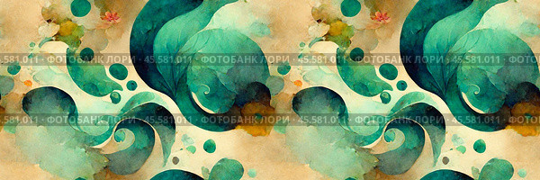 Abstract panoramic background. Colorful watercolor pattern of various natural shapes, green and teal spots and blurs, inspired by nature. Wide texture background with seamless pattern. Generative AI. Стоковое AI-изображение, AI-художник Андрей Степанов / Фотобанк Лори
