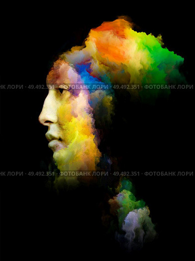 Abstract portrait. Surreal female. Colorful clouds blended into woman’s face. Relevant to art, dreams, inspiration, imagination, psychology. Colorful Darkness series. Стоковое фото, агентство Ingram Publishing / Фотобанк Лори