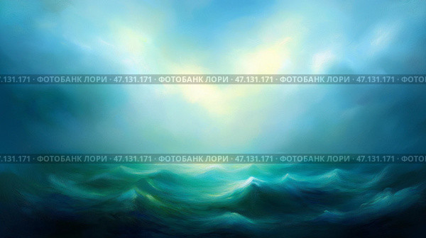Abstract representation of soft blue gold textures reflecting ocean with waves. Мягкие вихри голубого и золотого цветов создают безмятежную атмосферу, вызывая в памяти красоту спокойных океанских волн под пасмурным небом, навевая мысли о спокойствии и умиротворении. Стоковое AI-изображение, AI-художник Katsiaryna Repich / Фотобанк Лори
