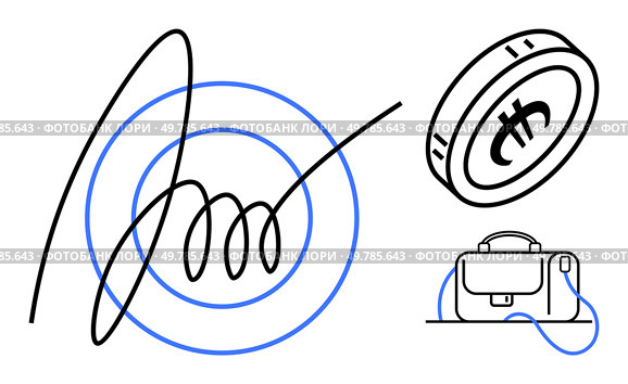 Abstract scribble intersects concentric circles, cryptocurrency coin with Bitcoin symbol, briefcase with handle. Ideal for finance, business strategy, investment, digital currency, productivity. Abstract Scribble with Target Icon, Cryptocurrency Coin, and Briefcase Illustrating Business Themes. Стоковая иллюстрация, агентство Ingram Publishing / Фотобанк Лори