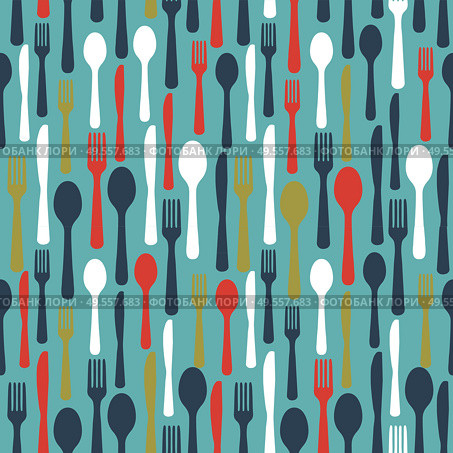 Abstract Seamless Pattern with tableware forks spoons and knives. Vector Illustration EPS10. Abstract Seamless Pattern with tableware forks spoons and knives. Vector Illustration. Стоковая иллюстрация, агентство Ingram Publishing / Фотобанк Лори
