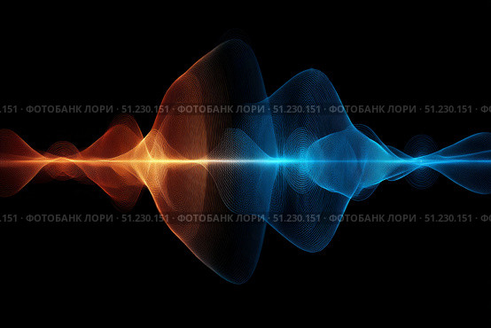Abstract symmetrical waveform in red and blue hues on black background. Стоковое AI-изображение, AI-художник Zakharova Natasha / Фотобанк Лори